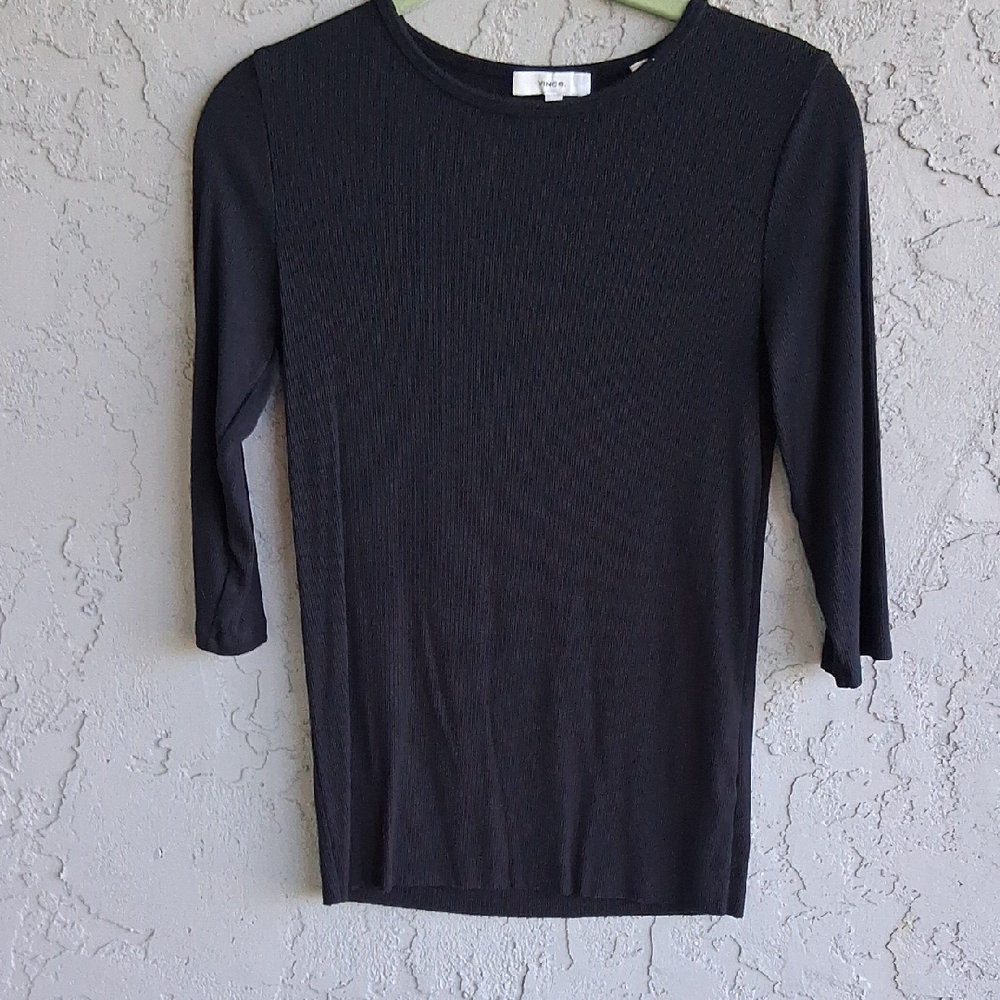 Vince Black Ribbed Scoop-Neck Three-Quarter Sleeve Top